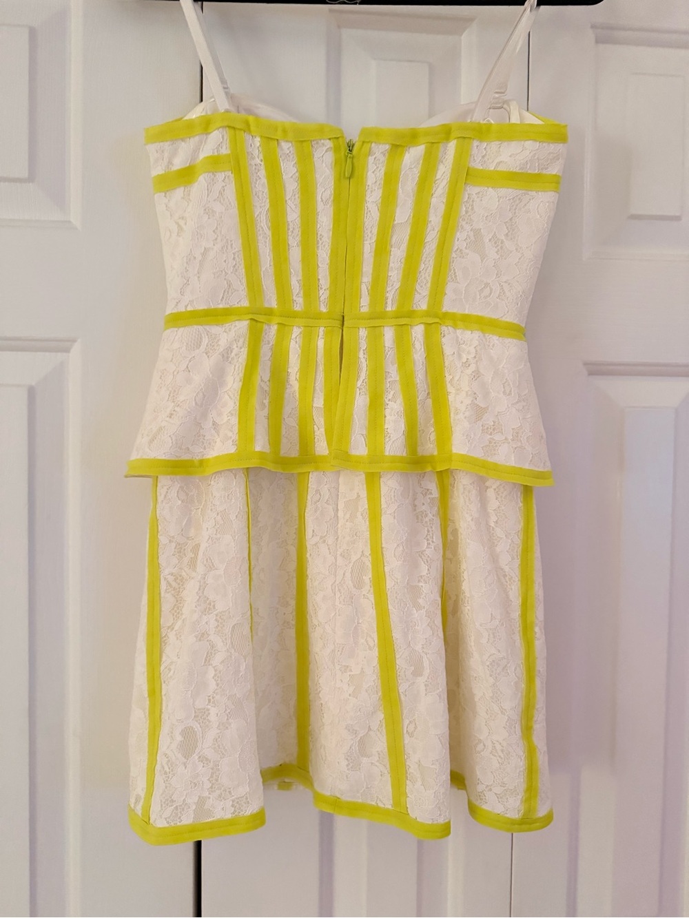 BCBGMaxAzria White Lace Peplum Dress with Yellow Trim